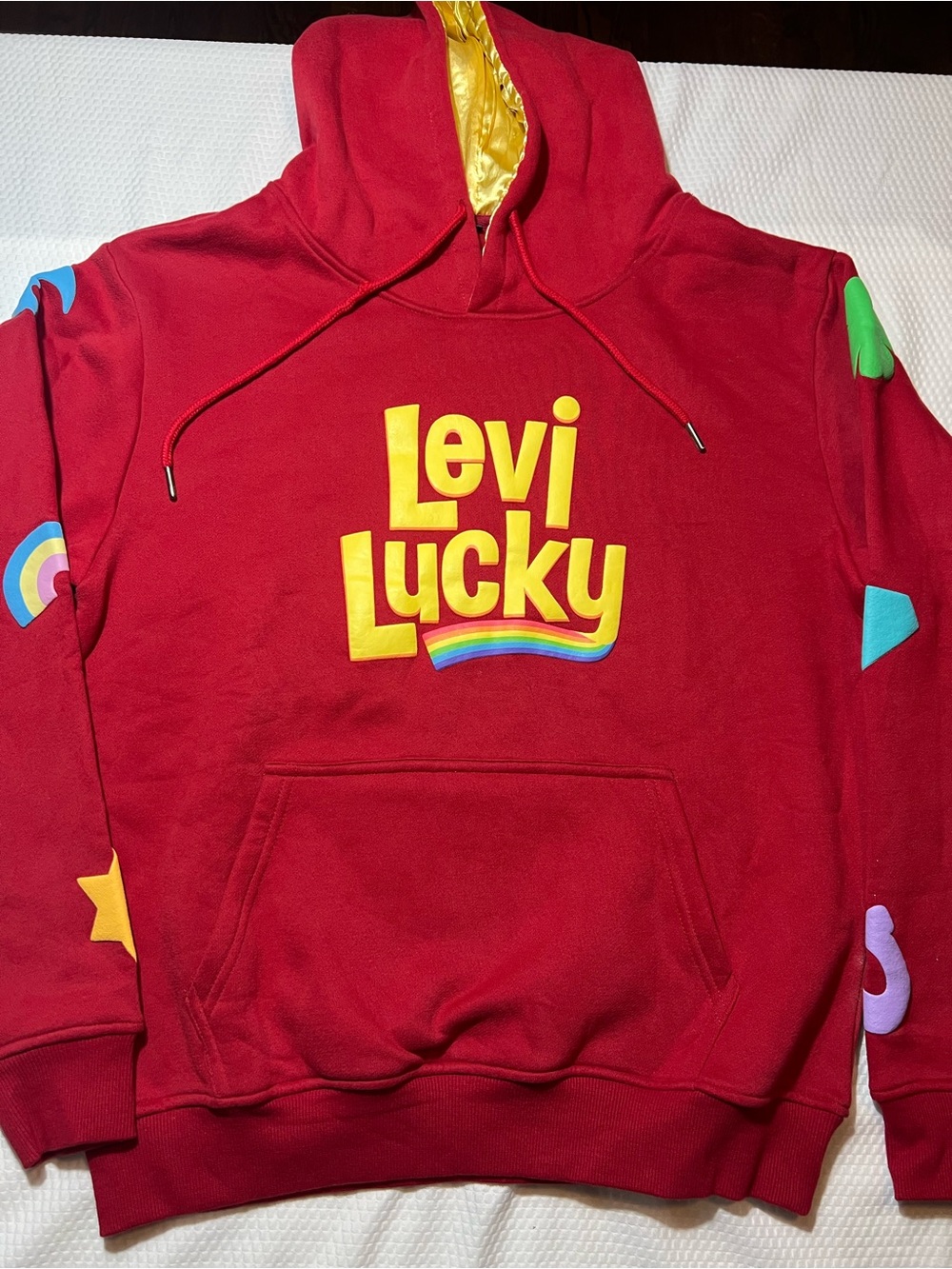 “Levi Lucky" Red Lucky Charms Graphic Hoodie Satin Lined Small (unisex)